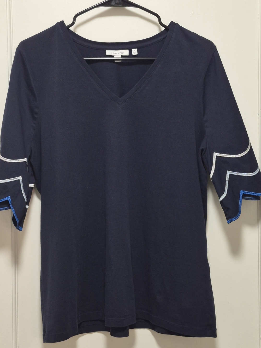 Chico's Navy V-Neck Top with White and Royal Blue Sleeve Trim